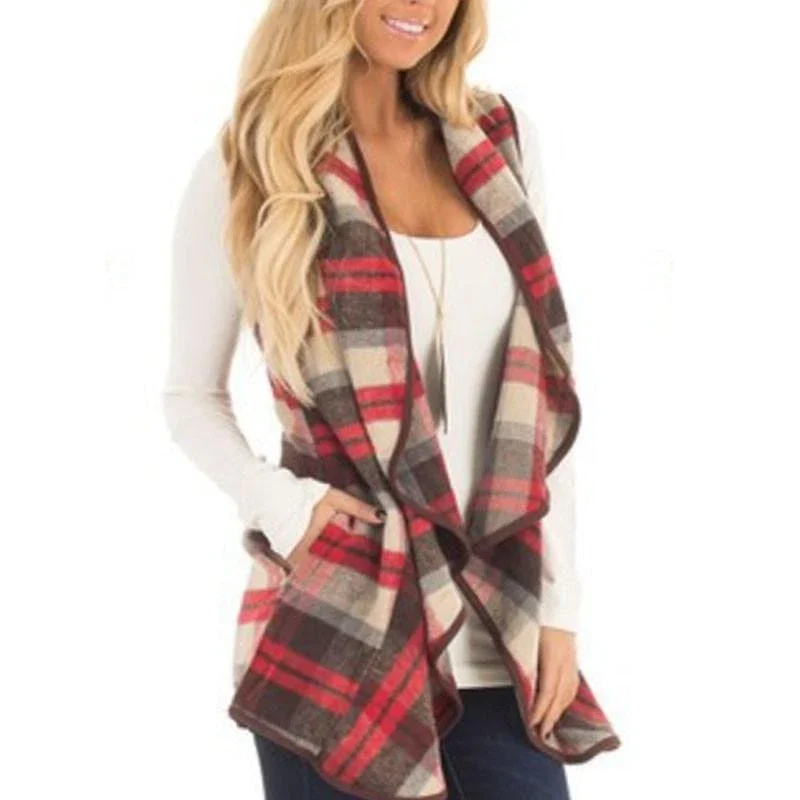 Open Front Sleeveless Plaid Vest with Pockets- Light Red - Fashionable - Loose Fit - Breathable Fabric Lightweight Soft - Perfect For Any Occasion