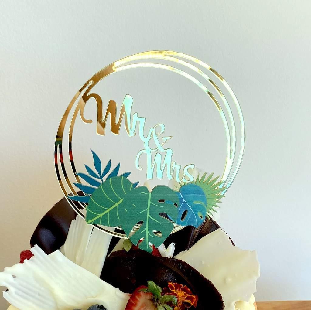 Acrylic Gold Mr and Mrs Tropical Leaf Loop Cake Topper