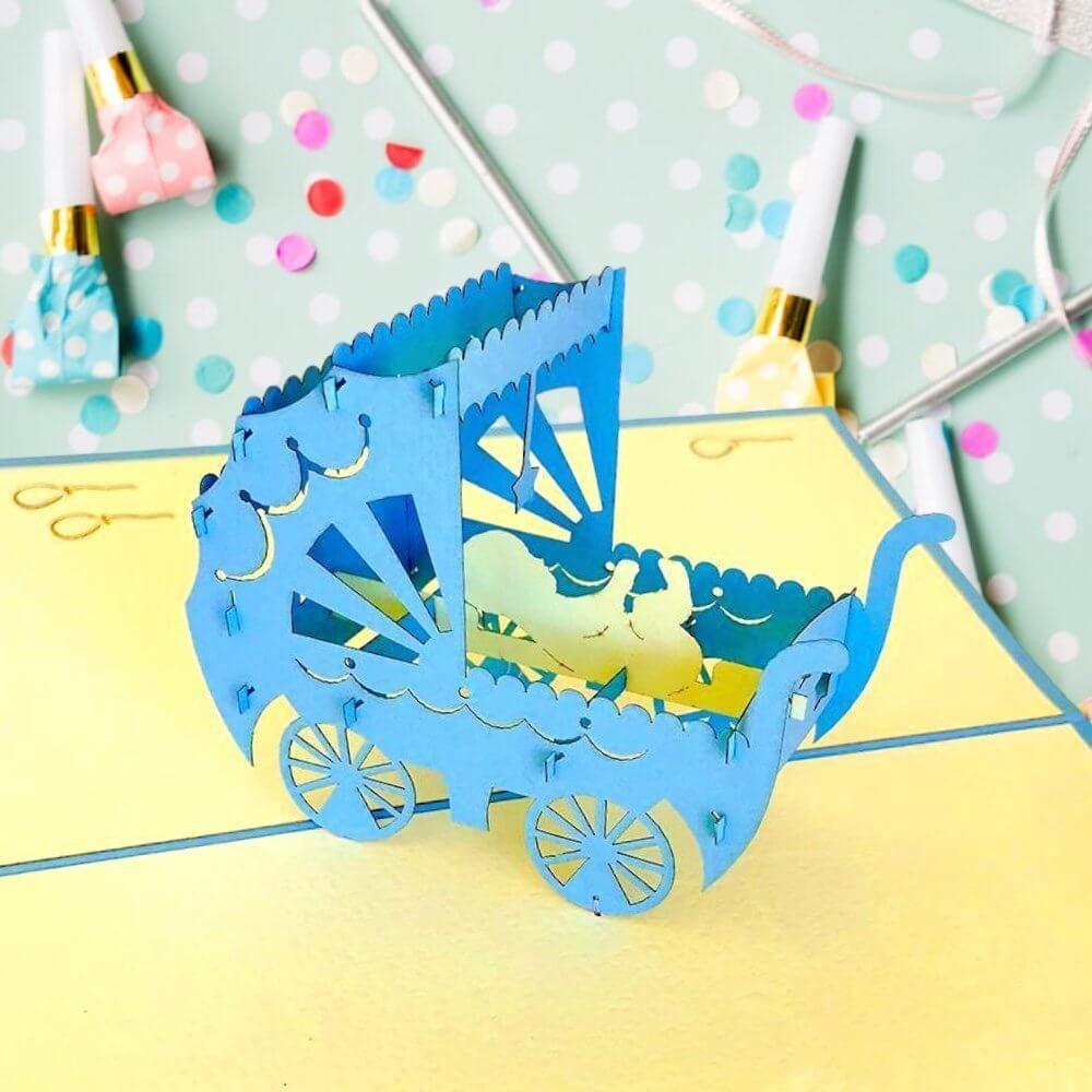 Vintage Blue Baby Pram Pop Card