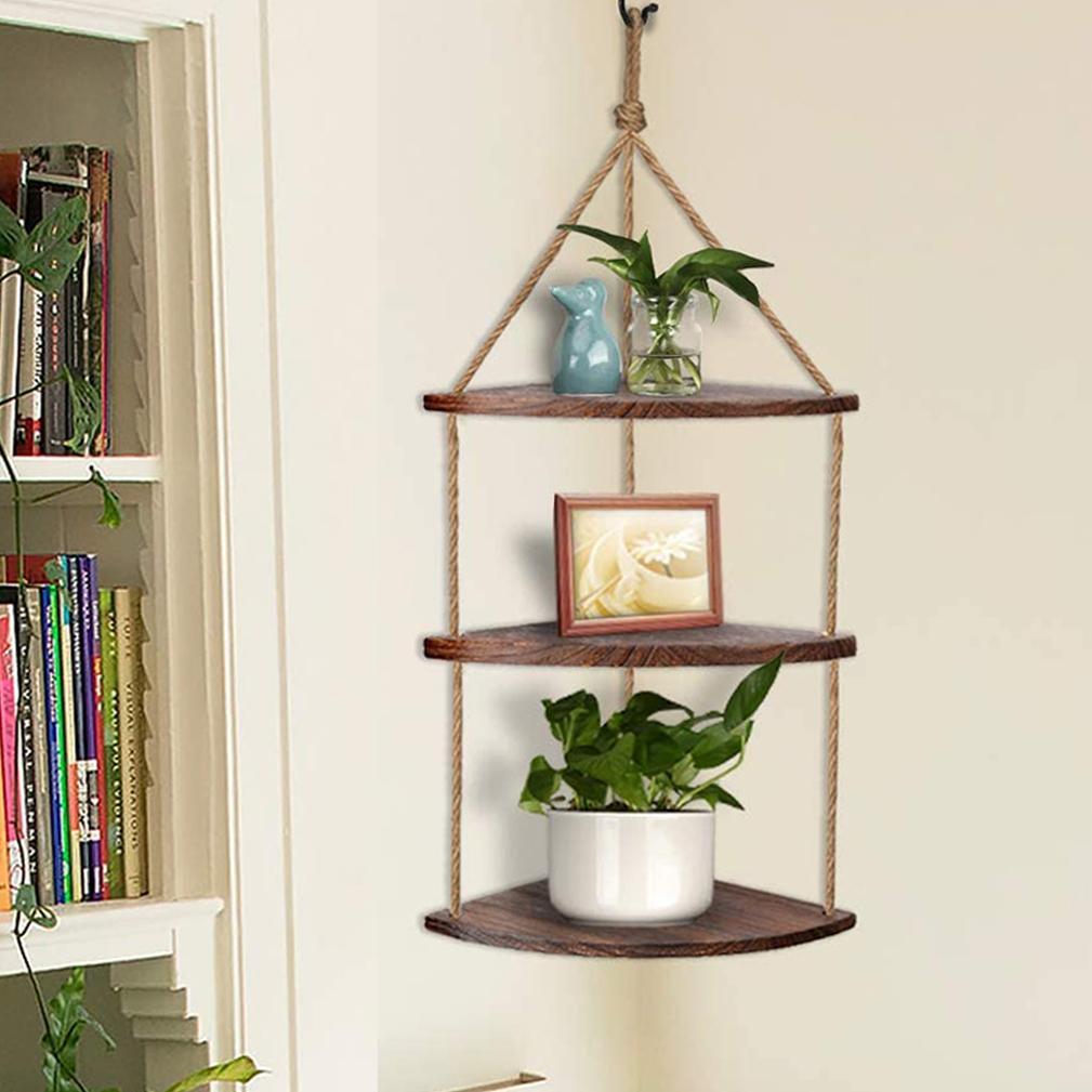 3 Tier Corner Shelf Wood Hanging Wall Rack