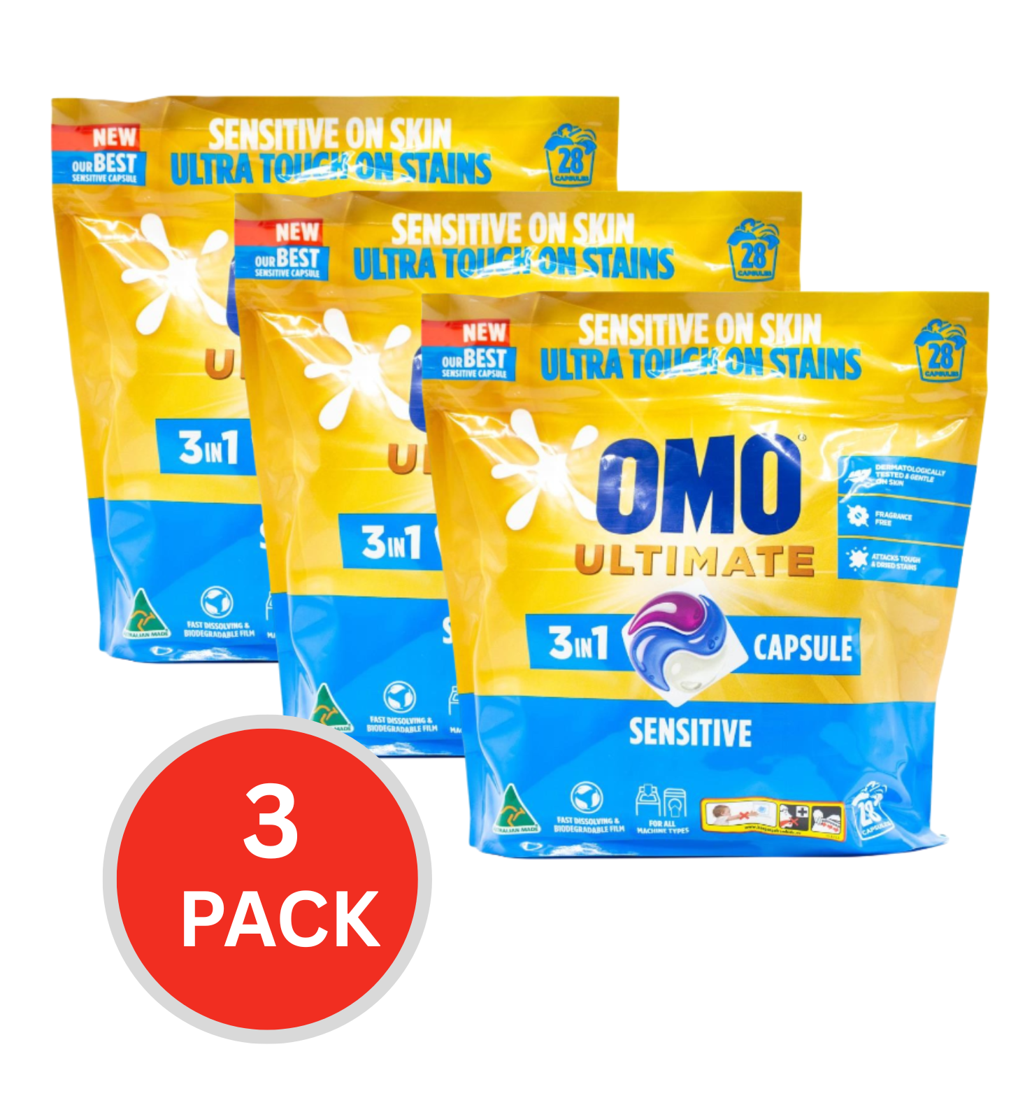 Omo Pk28 Ultimate Laundry Detergent Capsules 3 In 1 Sensitive (3x Pack)