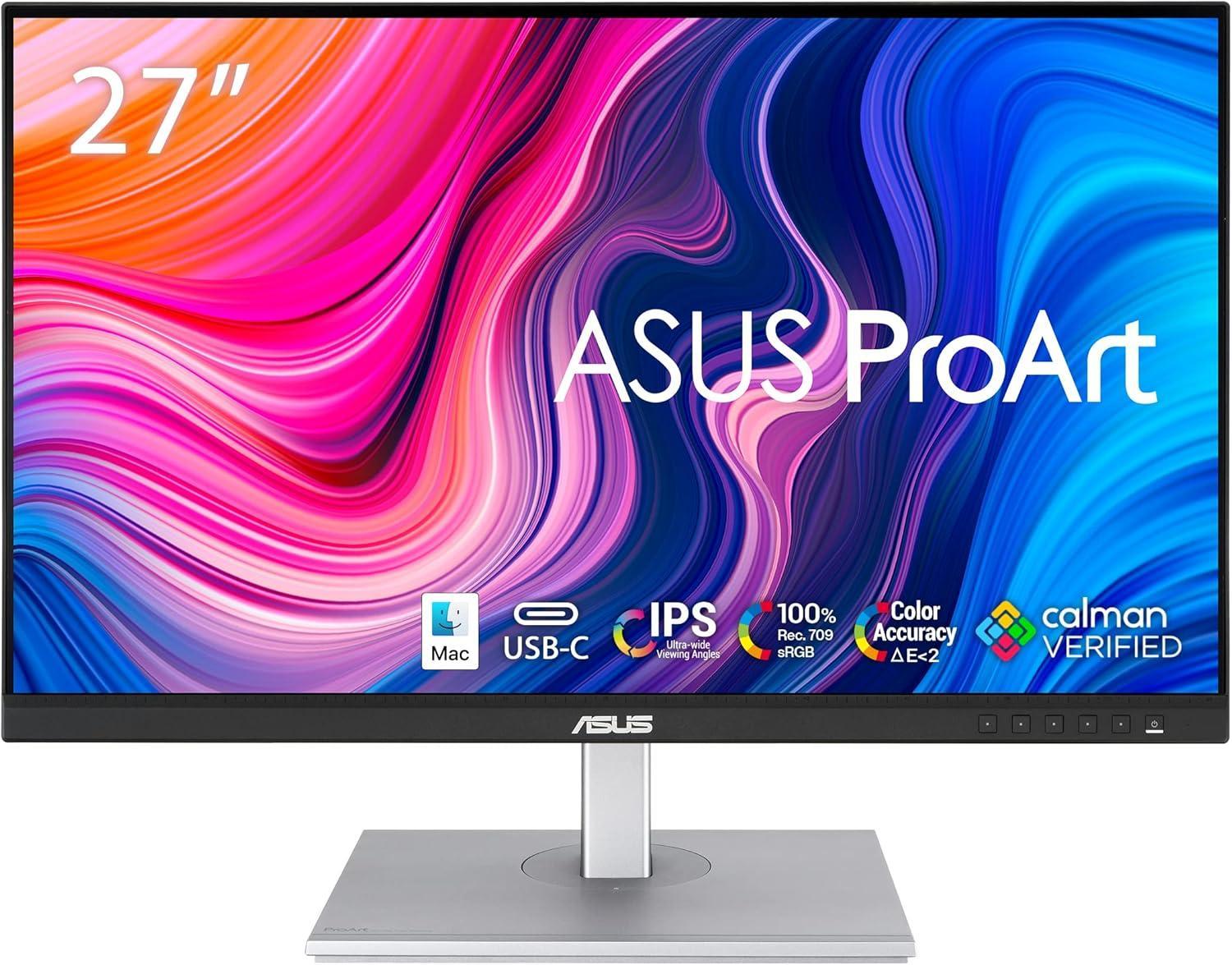 ASUS ProArt Display 27" Monitor - WQHD (2560 x 1440), IPS, 100% sRGB, 100% Rec. 709, ΔE < 2, Calman Verified, USB Hub, USB-C, Daisy-Chaining, HDMI, Compatible with Laptop & Mac Monitor - PA278CV
