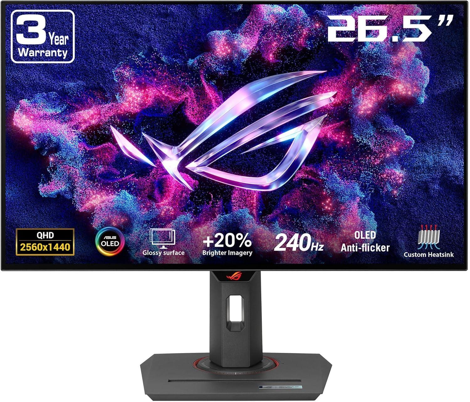 ASUS ROG Strix 27” 1440P OLED Gaming Monitor (XG27AQDMG) - QHD, Glossy OLED, 240Hz, 0.03ms, Custom Heatsink, Anti-Flicker,Uniform Brightness, G-SYNC Compatible, 99% DCI-P3, DisplayWidget,