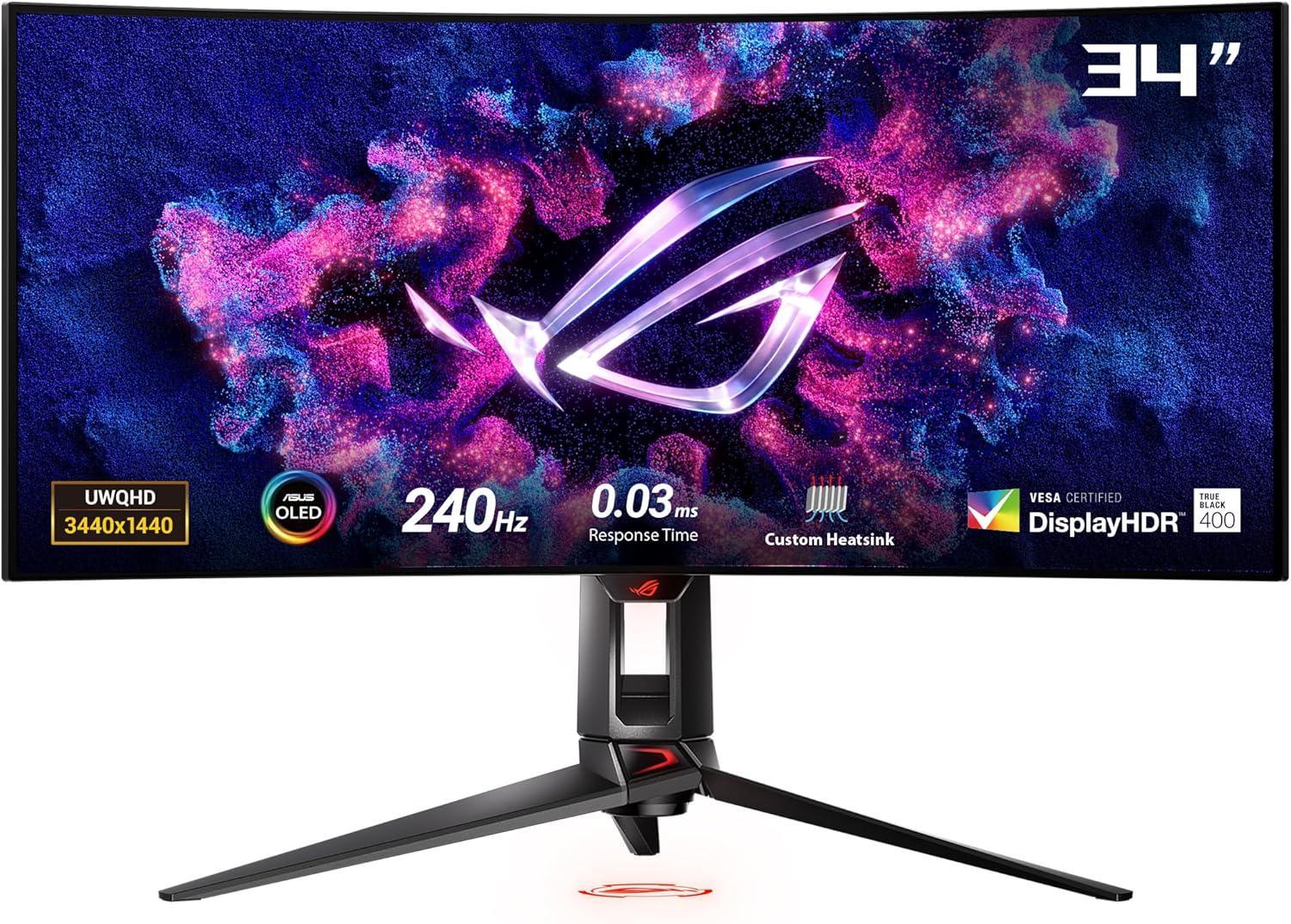 ASUS ROG Swift 34” OLED Ultrawide 800R Curved Gaming Monitor (PG34WCDM) – 21:9 (3440 x 1440), 240Hz, 0.03ms, G-SYNC Compatible, Custom Heatsink, Uniform Brightness, Smart KVM, USB-C 90W PD, 1300nits