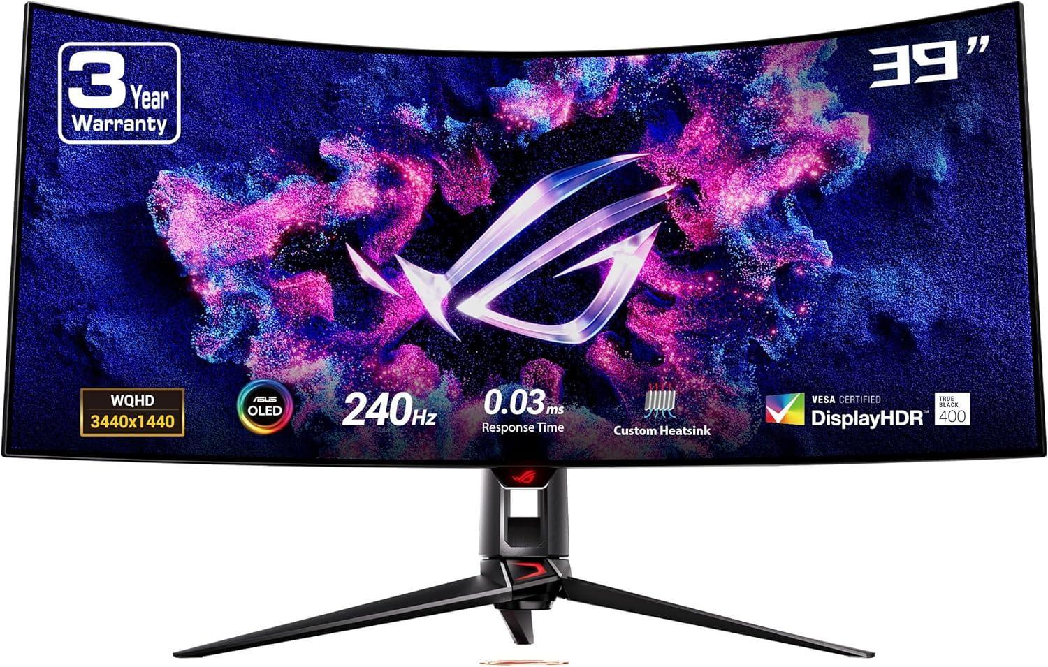 ASUS ROG Swift 39” Ultrawide 800R Curved OLED Gaming Monitor (PG39WCDM) - 21:9 (3440x1440), 240Hz, 0.03ms, G-SYNC Compatible, Custom Heatsink, Smart KVM, 90W USB-C, DisplayWidget,