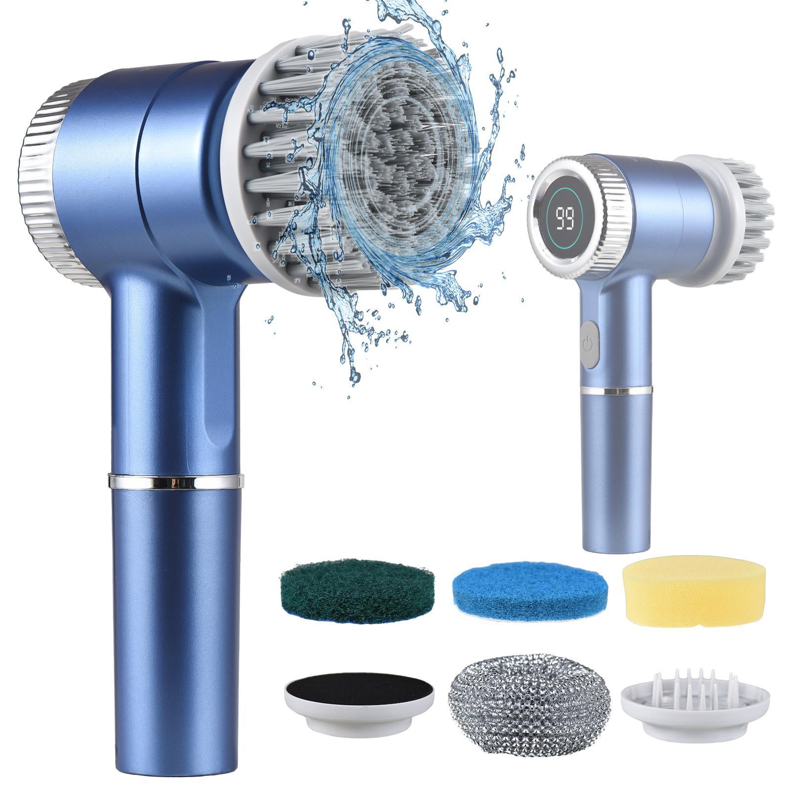 Electric Spin Scrubber Set, Portable Cordless, Waterproof 3 Speeds, Digital Display, 5 Brush Heads for Wall/Floor/Tile/Kitchen/Shoes