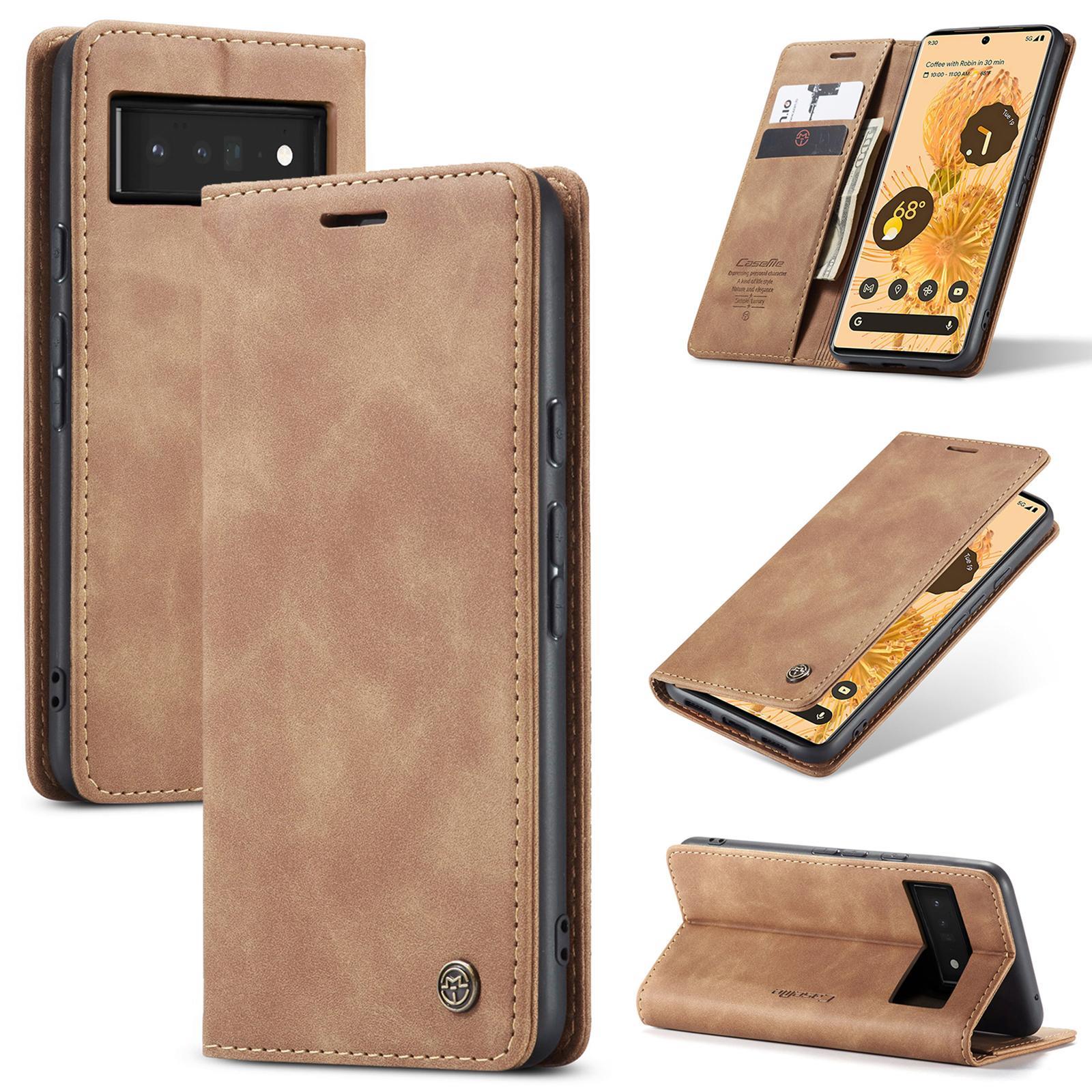 CaseMe Google Pixel 6a 5G Classic PU Leather Folio Case Cover [Brown]