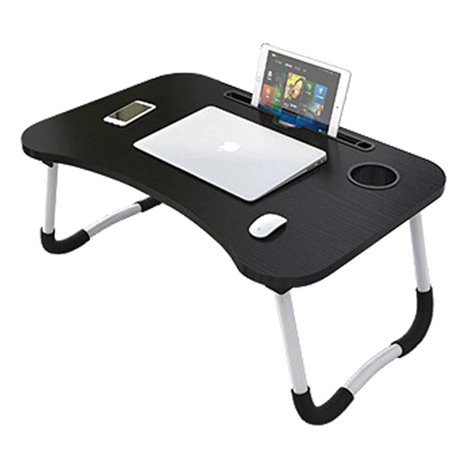 Foldable Desk Laptop Stand Table Bed Computer Study Adjustable Portable Cup Slot (Black)