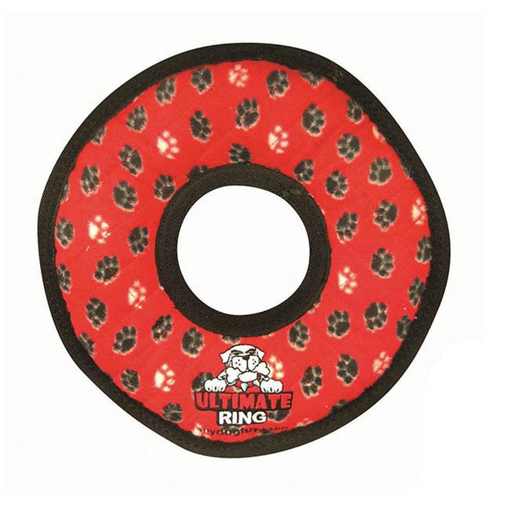 Tuffy Ultimates Ring Plush Dog Squeaker Toy Red Paws