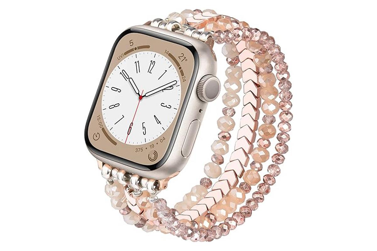 Beaded Bracelet Band for Apple Watch Series 11 10 Se 9 8 7 6 5 4 3 2 1 Fashion Handmade Crystal Elastic Strap - Rose Gold & S