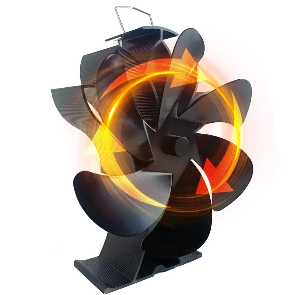 Fireplace Fan Heat-Powered 6-Blade Thermal Circulation Black