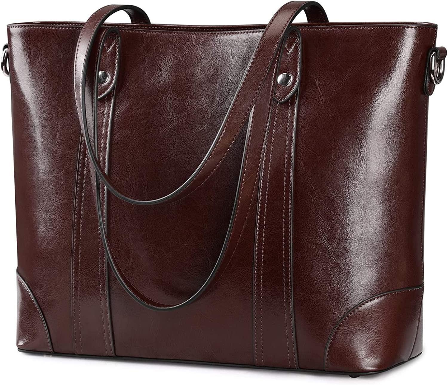 Women Leather Tote Bag, Office Shoulder Handbag 15.6" Work Laptop Briefcase