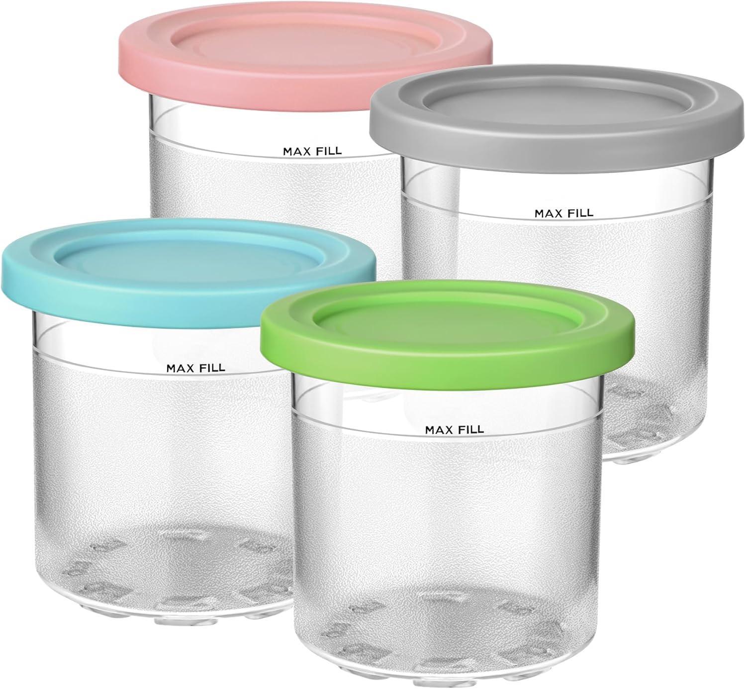 Containers Replacement for Ninja Creami Pints and Lids ,Cup Compatible with NC301 NC300 NC299AMZ Series Ice Cream Maker, BPA Free Dishwasher Safe Leak Proof 4 Pack, 16oz